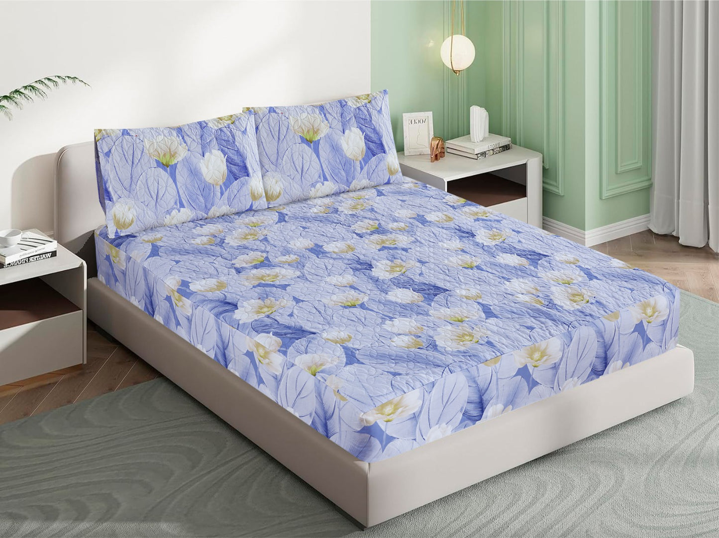 Mat Printed 100% Quilted Waterproof Mattress Protector for Double Bed with Pillow